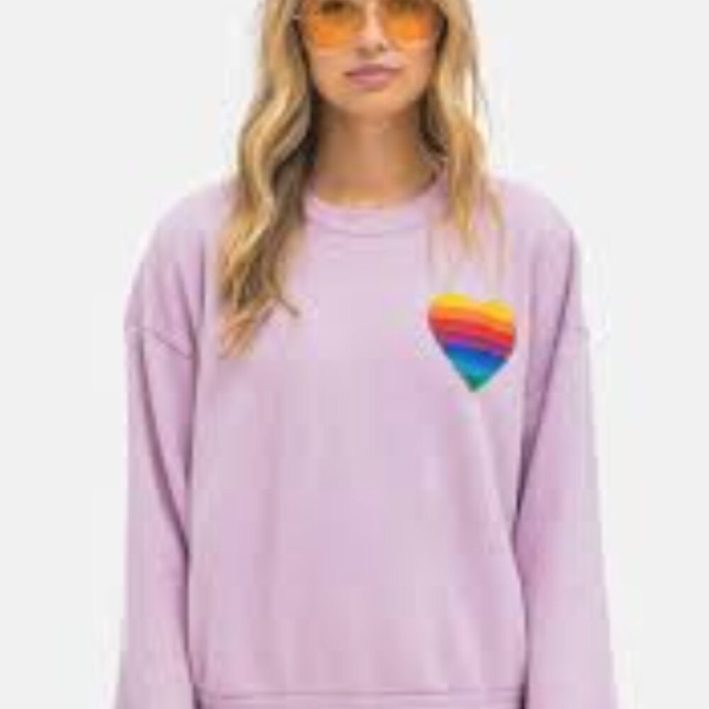 Aviator Nation RAINBOW HEART STITCH RELAXED CREW SWEATSHIRT -Mauve size M